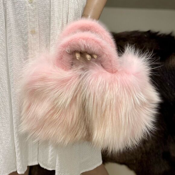 Stunning Pink Gradient Genuine Fox Fur Handmade Top Handle Satchel Bag/Crossbody - Picture 3 of 17